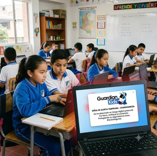 Computadores de un aula con las alertas de GuardianKids en pantalla
